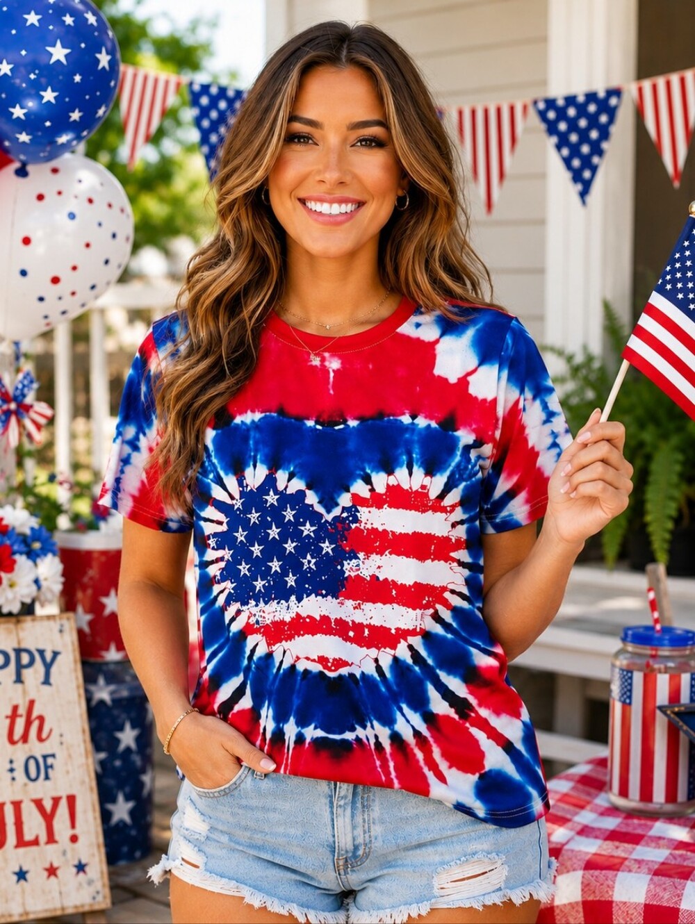 4th Of July WOMENS LARGE Tie Dye TOP UV PROTECTION Red White Blue SHIRT